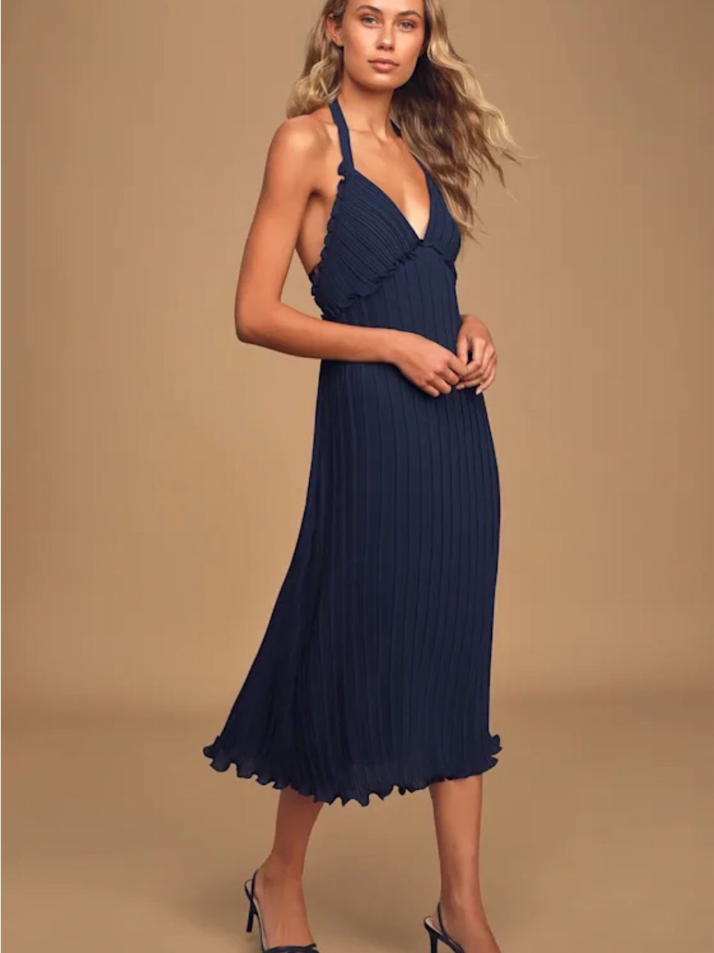 Lulu's Navy Halter Backless Pleated Midi Dress